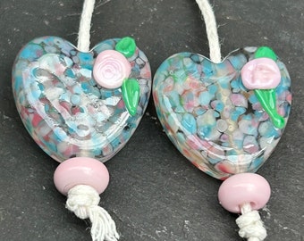 Confetti Glass Heart lampwork glass bead pair