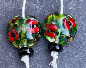 Abstract Green Poppy Lentil lampwork glass bead pair