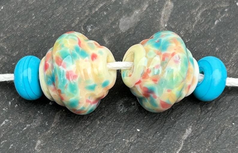 Confetti Cream ornate lampwork glass bead pair image 5