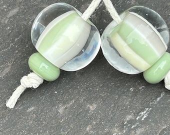 Sage Green & Cream stripe lampwork glass bead pair