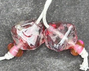 Pink Trickster Crystal lampwork glass bead pair