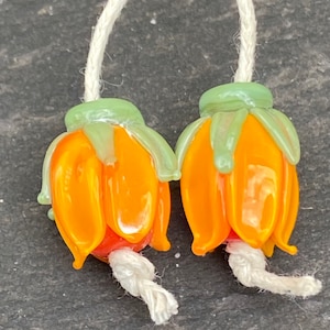 Marigold Lampwork Flower Bud lampwork glass bead pair