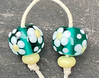 Teal Daisy lampwork glass bead pair