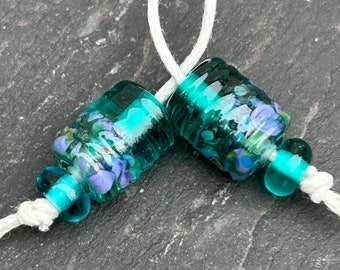 Two Tone Teal ribbed barrel lampwork glass bead pair
