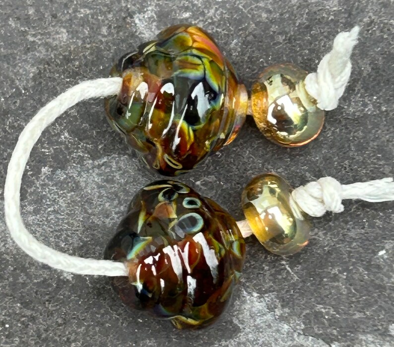 Smoky ornate lampwork glass bead pair image 4