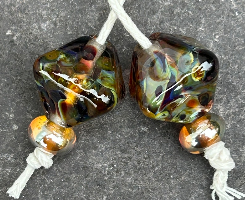 Smoky Treacle Crystal lampwork glass bead pair image 1