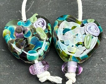 Stained Glass Heart lampwork glass bead pair