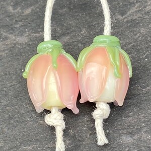 Opal Pink Flower Bud lampwork glass bead pair