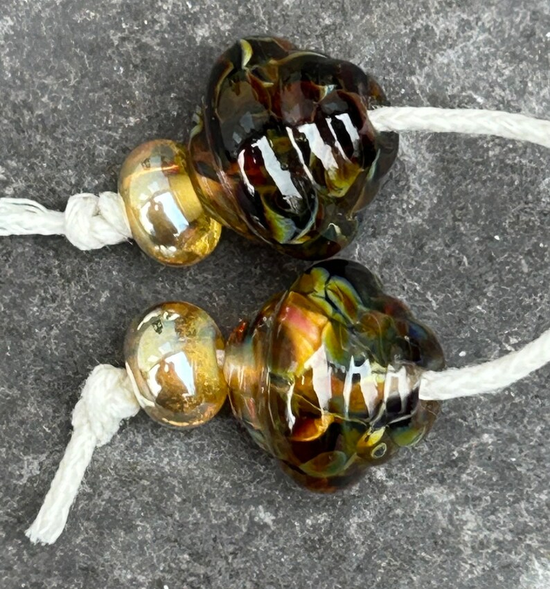 Smoky ornate lampwork glass bead pair image 2