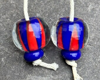 Red and Blue Harlequin lampwork glass bead pair