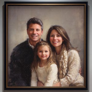 May include: An oil painting portrait of a family of three, featuring a person in a black sweater, a person in a cream-colored sweater with a textured scarf, and a child in a cream-colored sweater, all framed in a dark wood frame with gold trim.