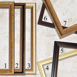May include: Seven rectangular picture frames labeled 1 through 7. Frame 1 is gold, 2 is dark brown, 3 is cream, 4 is light cream, 5 is black with gold trim, 6 is dark brown, and 7 is a light wood tone. Each frame features distinct molding.