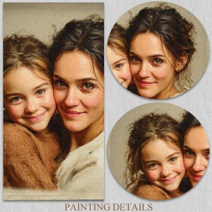 May include: A digital portrait painting featuring a woman and a child with brown hair. The composition includes a rectangular view and two circular close-ups showing their faces with soft expressions, textured brushstrokes, and warm tones.
