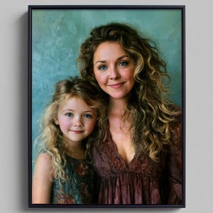 May include: A framed portrait painting of two individuals with long wavy hair. The older individual wears a dark brown long-sleeved top with a V-neckline, while the younger individual wears a sleeveless top with a dark floral pattern.