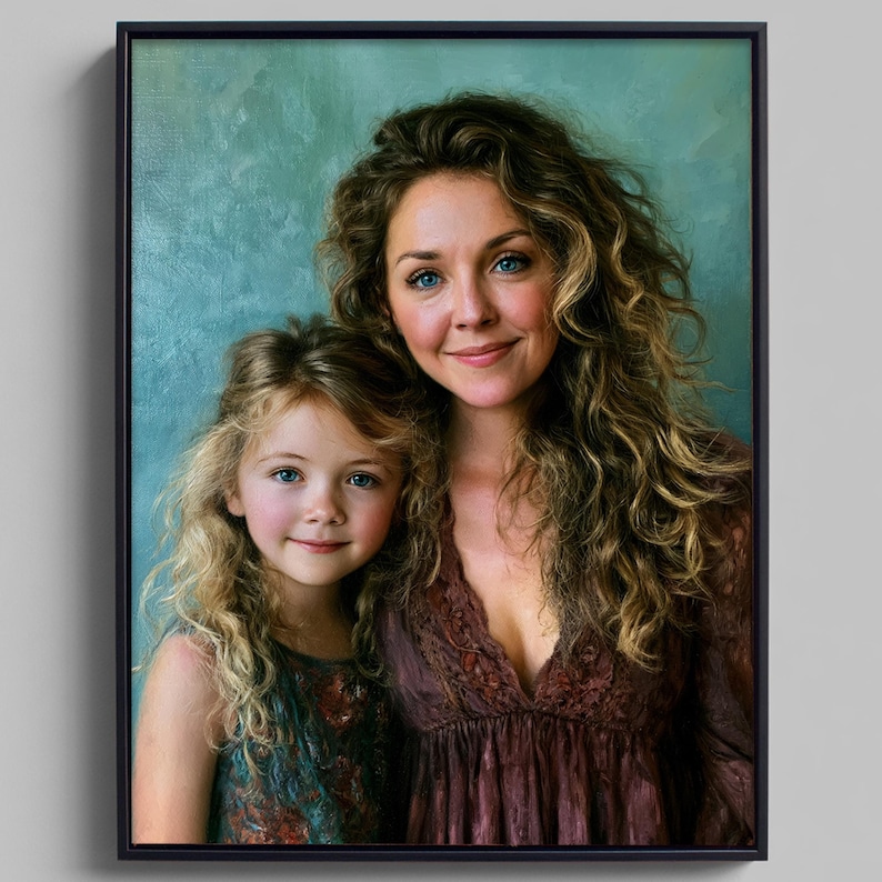 May include: A framed portrait painting of two individuals with long wavy hair. The older individual wears a dark brown long-sleeved top with a V-neckline, while the younger individual wears a sleeveless top with a dark floral pattern.
