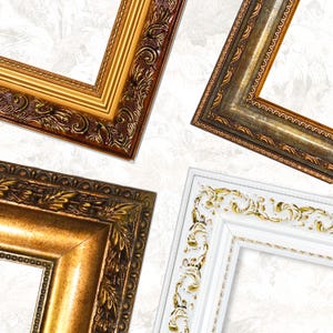 May include: Four ornate picture frame corners in gold, bronze, and white with decorative carvings. The frames have detailed patterns and textures, showcasing a variety of styles and finishes. The image is set against a white background.