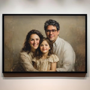 May include: A framed oil painting portrait of a family of three, featuring a person with long dark hair, a person with short dark hair wearing glasses, and a young child in the center, all dressed in light-colored clothing against a neutral background.