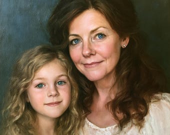 May include: An oil painting portrait of an adult with long wavy brown hair and a child with long wavy blonde hair. Both subjects have blue eyes and are wearing cream-colored textured tops. The background is a solid, dark, muted green color.