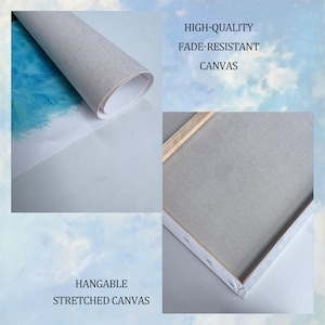 May include: A rolled piece of white canvas with a blue painted section and a rectangular stretched canvas frame with a wooden support bar. The text reads HIGH-QUALITY FADE-RESISTANT CANVAS and HANGABLE STRETCHED CANVAS on the image.