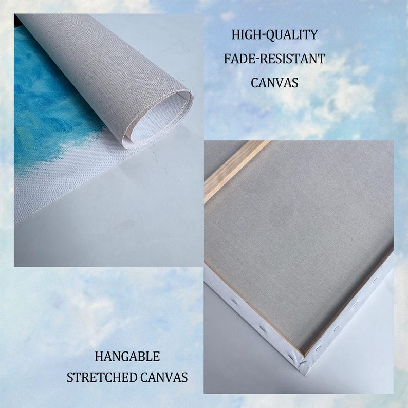 May include: A rolled piece of white canvas with a blue painted section and a rectangular stretched canvas frame with a wooden support bar. The text reads HIGH-QUALITY FADE-RESISTANT CANVAS and HANGABLE STRETCHED CANVAS on the image.
