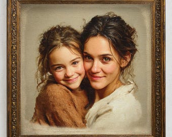 Puede incluir: Retrato enmarcado de una mujer y una niña, ambas sonriendo. La mujer lleva una prenda blanca y la niña una parte superior marrón. La pintura tiene una paleta de colores cálidos y está en un marco dorado ornamentado.