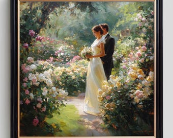 May include: An oil painting in a black frame depicting a person in a white gown holding a bouquet of flowers standing next to a person in a dark suit. They are positioned on a path surrounded by lush bushes filled with pink, white, and yellow roses.