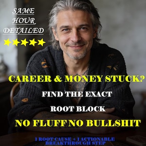 May include: A middle-aged person with graying hair and a dark sweater, featuring text overlays: SAME HOUR DETAILED, five yellow stars, CAREER & MONEY STUCK? FIND THE EXACT ROOT BLOCK, NO FLUFF NO BULLSHIT, and 1 ROOT CAUSE + 1 ACTIONABLE BREAKTHROUGH STEP.