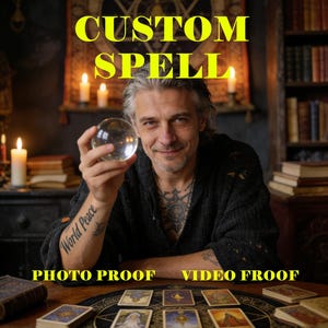 May include: A man holding a crystal ball with the words "CUSTOM SPELL" in yellow text above him. The image also includes the text "PHOTO PROOF" and "VIDEO FROOF". Tarot cards are laid out on a table in front of him.