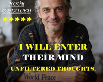 May include: A person with grey hair and a tattoo on their forearm reading World Peace, wearing a dark jumper. Text reads: SAME HOUR DETAILED, five yellow stars, I WILL ENTER THEIR MIND UNFILTERED THOUGHTS. Tarot cards are arranged on a round table.