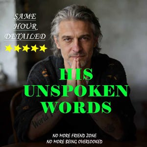 May include: A man with gray hair and a contemplative expression, hands clasped near his face. The image features the text "HIS UNSPOKEN WORDS" in green, along with additional text and yellow stars. The man is wearing a dark sweater.
