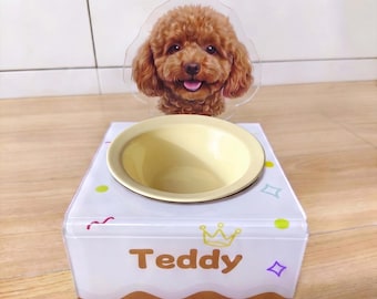 Tigela personalizada com retrato e nome do seu pet, em cerâmica, para cães e gatos. Tigela elevada para comida com pedestal.