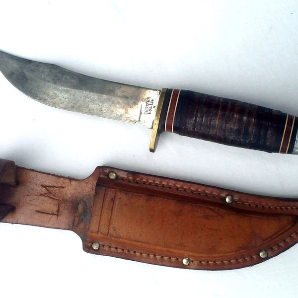 Vintage Knife, 1970s Western L66A Knife, Steel Blade, Brass Hilt, Leather Sheath, Great Condition, CoryBees