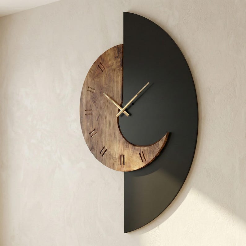 Modern half moon wall clock with natural wood and matte black finish, minimalist artistic wall clock design
