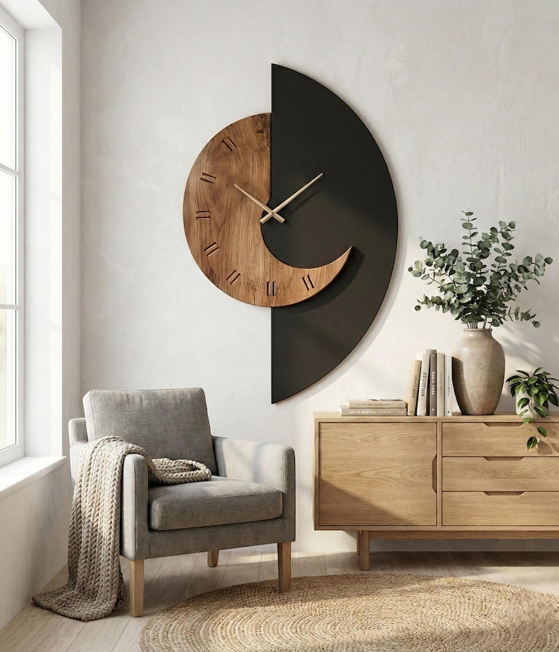 May include: A modern wall clock with a unique design. The clock features a half-circle shape with a wooden face and a black background. The clock hands are gold, and the clock is mounted on a white wall. The clock is part of a home decor theme.