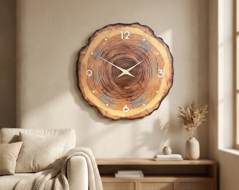 Natural Wood Slice Wall Clock, Rustic Wooden Wall Clock, Silent Nordic Clock for Living Room, Office or Home Decor