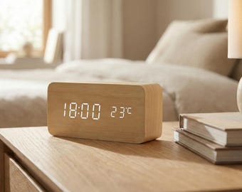 LED Wooden Alarm Clock, Digital Bamboo Desk Clock, Voice Control Alarm Clock, Minimalist Bedside Clock