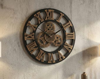 Industrial Gear Wall Clock, Retro Roman Numeral Clock, Vintage Mechanical Style Wall Clock for Living Room, Office or Bar Decor