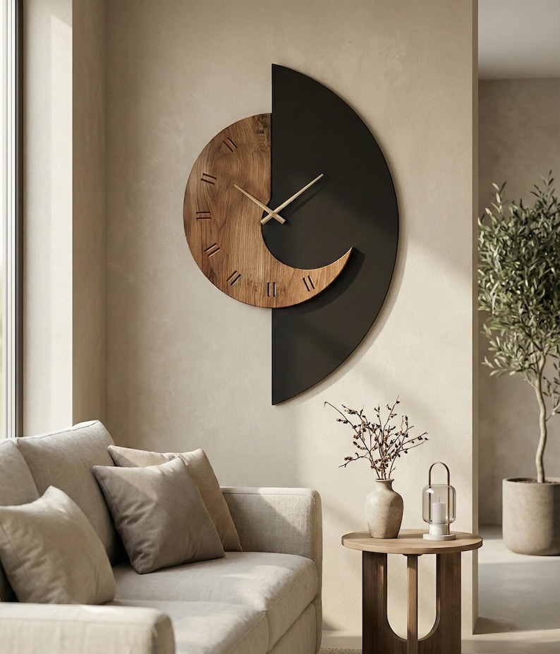 Minimalist wall clock combining natural wood and black metal, modern decorative wall clock for cozy living room