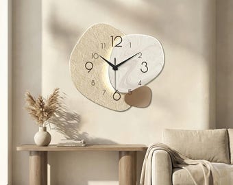 Modern Moon Wall Clock, Silent Quartz Wall Clock, Minimalist Wooden Wall Clock, Contemporary Home Decor