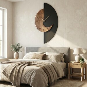 Modern wooden wall clock with black half moon design, minimalist wall decor clock for bedroom interior