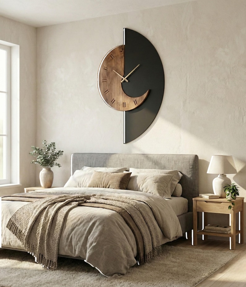 Modern wooden wall clock with black half moon design, minimalist wall decor clock for bedroom interior