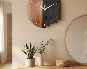 Modern Wooden Wall Clock, Silent Scandinavian Wall Clock, Minimalist Wood Clock for Living Room, Kitchen or Office Decor