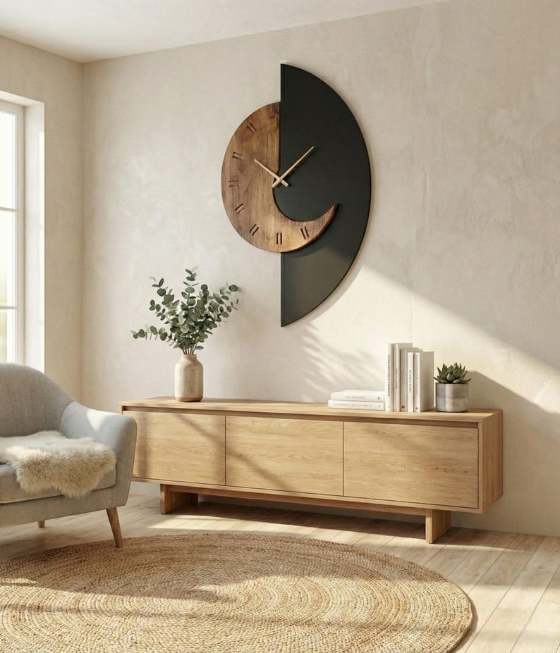 Contemporary wall clock in wood and black metal, modern half circle wall clock for minimalist living room decor