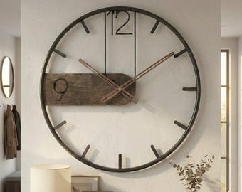 Large Industrial Wooden Wall Clock, Silent Metal Wood Wall Clock, Modern Rustic Home Decor, Handmade Style Clock for Living Room