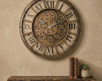 Large Industrial Gear Wall Clock, Steampunk Roman Numeral Clock, Vintage Mechanical Wall Clock for Living Room, Office or Loft Decor
