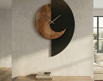 Artistic Wooden Wall Clock, Silent Modern Wood Clock, Handmade Style Asymmetrical Wall Decor for Living Room, Bedroom or Office