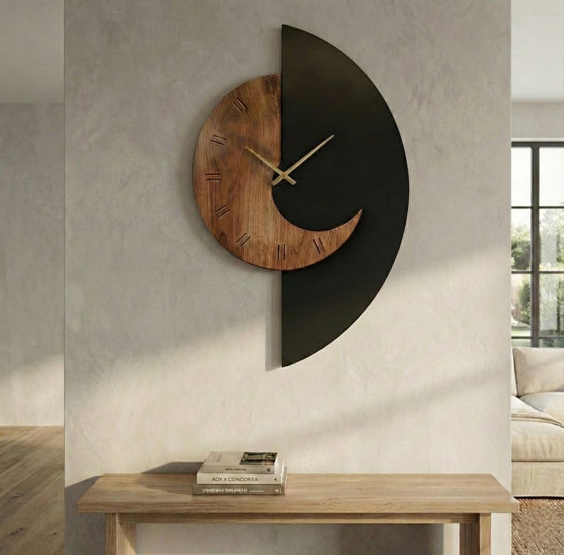 Artistic modern wall clock with half circle shape, wood and black wall clock for contemporary entryway decor