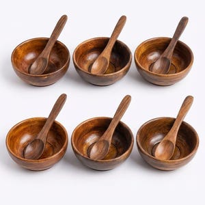 Set of 6 Hand-Carved Acacia Wood Mini Bowls with Spoons – Rustic Dip Serving Set