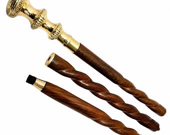 Adjustable Hardwood Walking Cane with Elegant Brass Handle – Detachable Mobility Aid