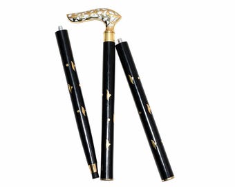 Foldable Walking Cane: Ergonomic Handle, Adjustable Height, Black Gold Accents (Gift Box Included)